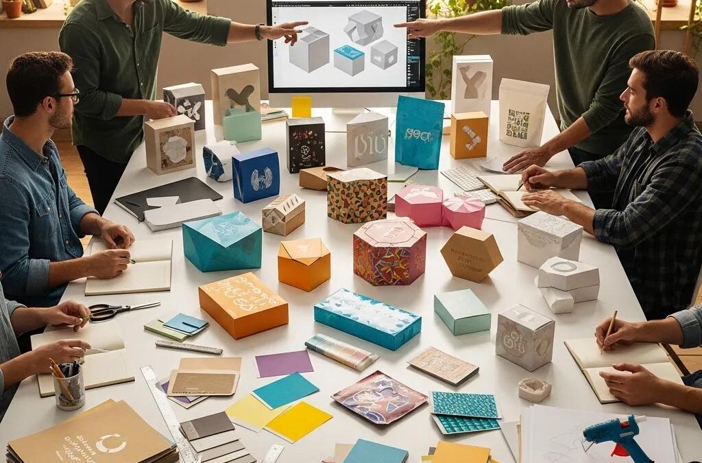 Diverse custom packaging solutions displayed in a creative workspace, highlighting eco-friendly materials and design collaboration